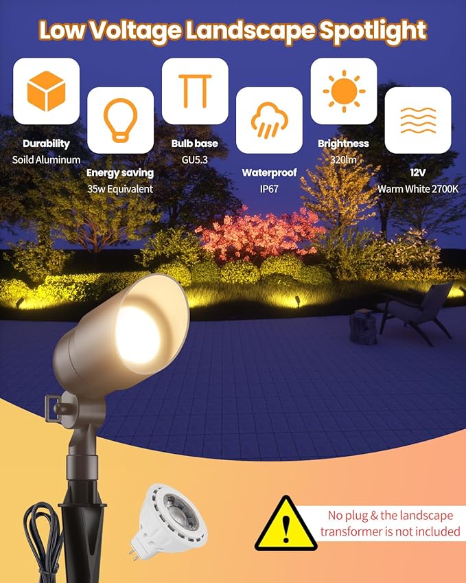 Cheopha 12V Outdoor Low Voltage Landscape Lighting Spotlight IP67 Waterproof Aluminum Body Replaceable 4W MR16 LED Bulb (2700K Warm White) for Garden Lawn and Yard Lights 2-Pack