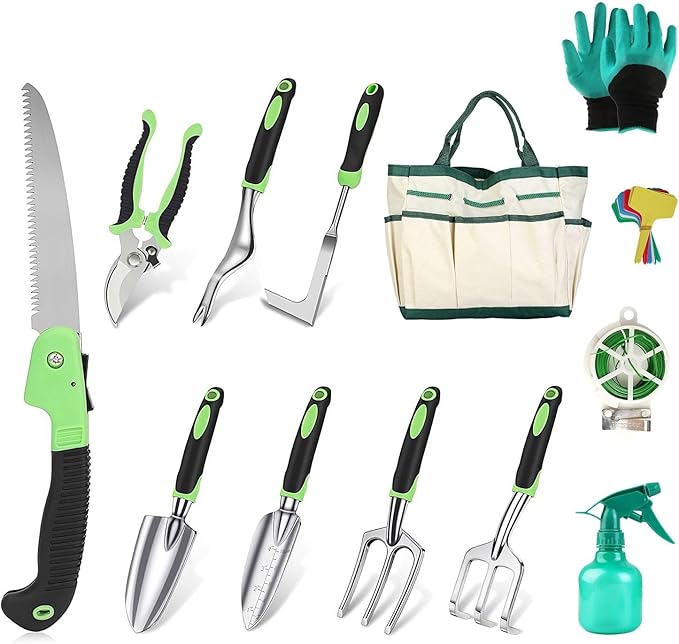 Heavy Duty Aluminum Alloy Garden Tools Set - 13Pcs Rustproof Gardening Hand Kit with Ergonomic Handle Includes Storage Tote Bag Pruning Shears Trowel for Outdoor Planting
