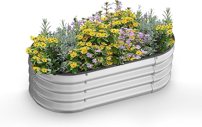 Crownland Outdoor Garden Metal Raised Garden Beds Oval Galvanized Planter Box Rubber Edge Guard for Patio Growning Fresh Vegetables Flowers Herbs and Succulents(4ft*2ft*1ft) Silvery