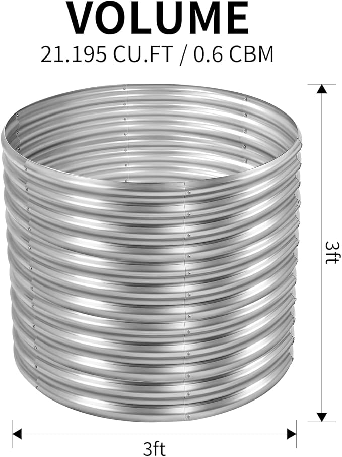 Land Guard 3×3×3ft Galvanized Raised Garden Bed Kit Round Galvanized Planter Raised Garden Boxes Outdoor Large Metal Raised Garden Beds for Vegetables Silver