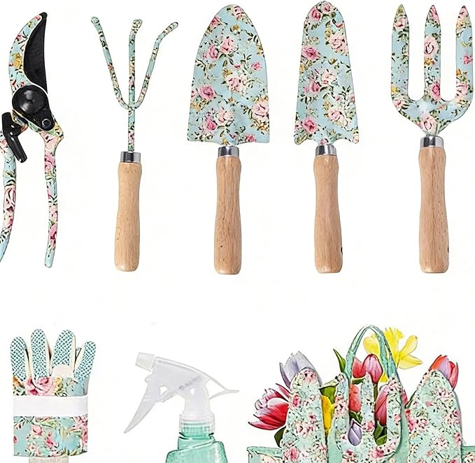 Garden Tool Set Patterned Organizer Bag Rust-Resistant Tools for Flower Beds Planting Digging Trimming Outdoor Yard Gardening for Gardener Mom Home Lightweight