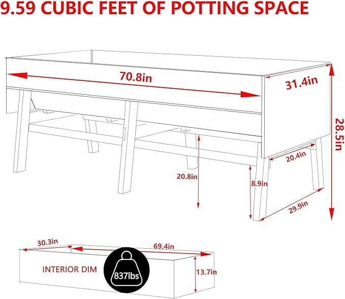 6 x 3 x 2FT Raised Garden Bed with Legs Large Outdoor Elevated Wood Planted Box with Liner for Vegetable Flower Backyard and Patio Natural