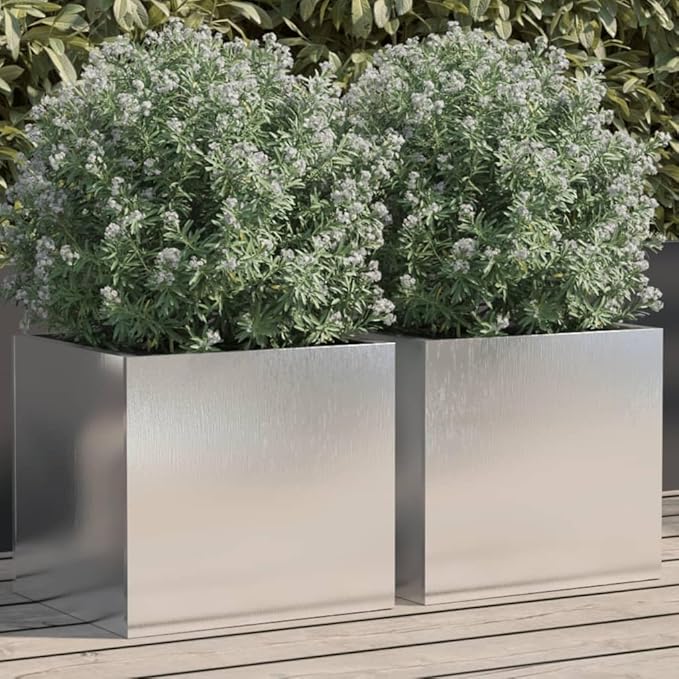 Set of 2 Silver Stainless Steel Rectangular Modern Planter Boxes 11.8x12.6x11.4 in Rust-Resistant Elevated Garden Beds Outdoor for Patio Balcony and Terrace