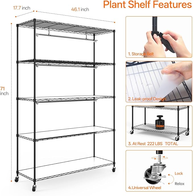 Bstrip Plant Shelf with Grow Light 5 Tier Large Tall Plant Stand with 3FT T8 120W Grow Light for Indoor Plants Full Spectrum LED Plant Light with Wheel for Seedling (47.2 Lx17.8 Wx71 H)