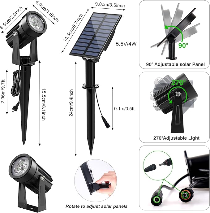 Green Solar Spot Lights Outdoor 2 Pack Solar Landscape Spotlights IP65 Waterproof 9.8ft Cable Auto On/Off Outdoor Wall Lights for Garden Yard Driveway Porch Walkway Pool (1-in-1)
