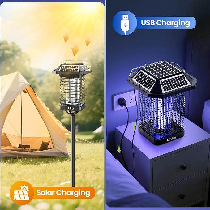 LiBa Solar Bug Zapper Outdoor 2 in 1 Mosquito Zapper Cordless &amp Rechargeable Solar Insect Killer Lamp 3500V Mosquito Catcher Decor Light for Patio Garden Backyard
