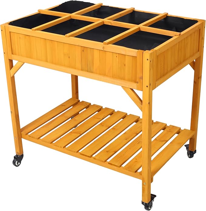 Elevated 8 Pocket Herb Garden Bed Mobile Raised Customizable Wood Planter for Herbs Vegetables Flowers w Lockable Wheels Storage Shelf Drainage Holes