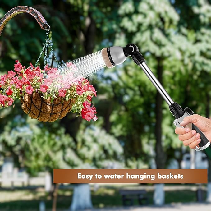 RESTMO Metal Watering Wand Heavy Duty Garden Hose Wand with 180° Swivel Ratcheting Head 16'' Hose Nozzle Sprayer with 7 Spray Patterns and Flow Control for Water Hanging Baskets and Shrubs Gold
