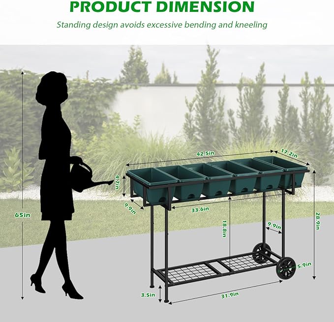 Vrisa Raised Garden Bed with Legs 43x17x29 in Plastic Elevated Planter Box Outdoor with Storage Shelf and Wheels Vegetables Herbs Flowers Standing Garden Beds for Backyard Patio Balcony Green
