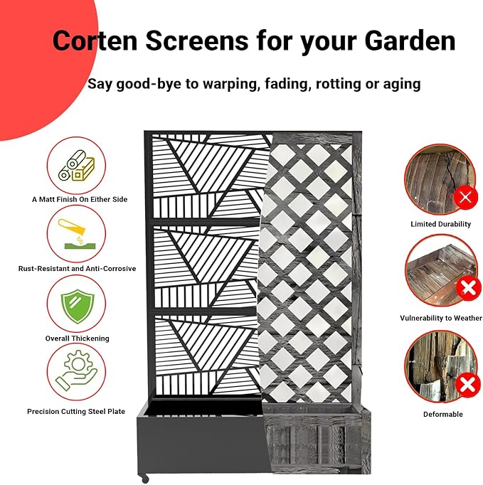 GarveeLife Metal Privacy Screen with Wheels – Galvanized Steel Garden Trellis &amp Planter Box for Climbing Plants/Vines– Galvanized Raised Garden Bed for Patio Yard Balcony