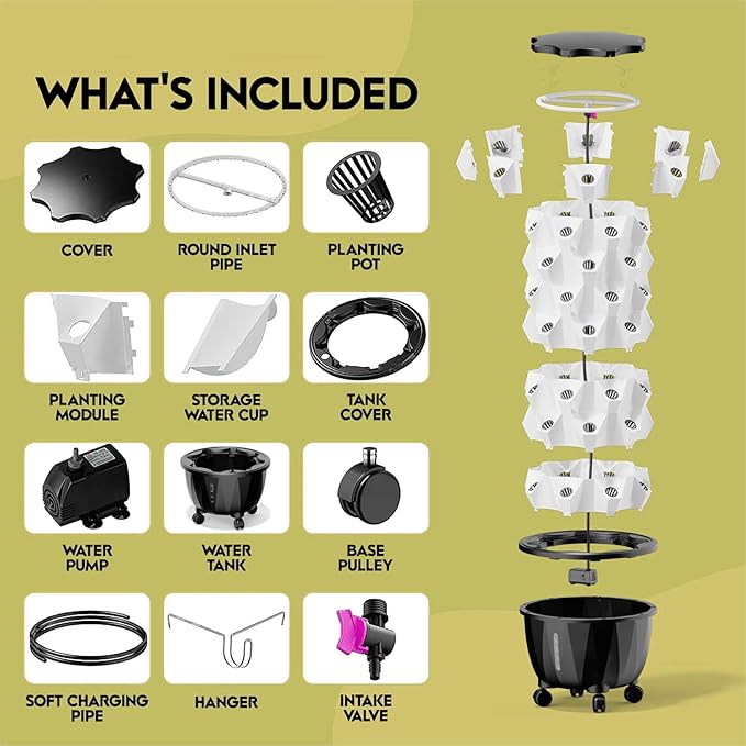 Hydroponics Tower 48/64/80/96 Pots Garden Hydroponic Growing Hydroponics Tower Aeroponics Growing Kit with Hydrating Pump Adapter Net Pots