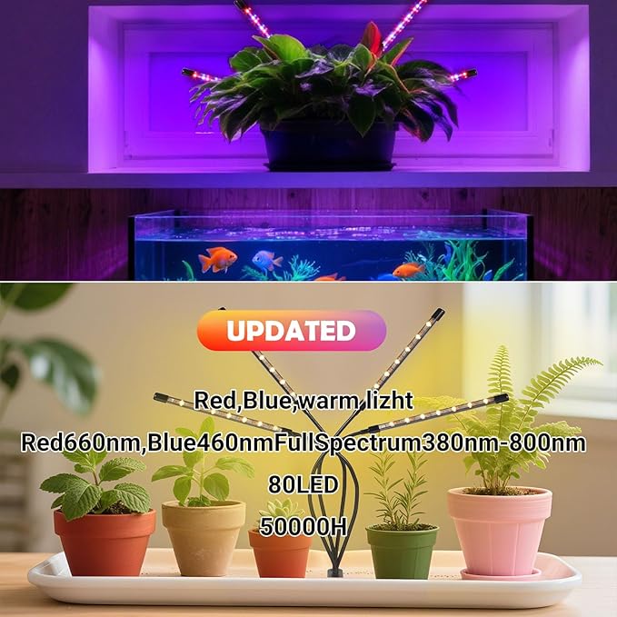 Grow Lights for Indoor Plants80 LED Plant Lights with Full Spectrum &amp Red Blue Spectrum 10 Dimmable Level 3/9/12H Timer3 Switch Modes Adjustable Gooseneck4 Heads Clip-On