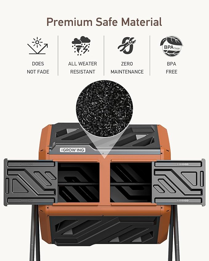 THEGROW'ING Updated 43 Gallon Outdoor Compost Bin. with Thermometer Fast to Assemble. Tumbling Design Dual Chambers. Rotating Function Ideal for Outside Backyard Garden Yard. Orange.