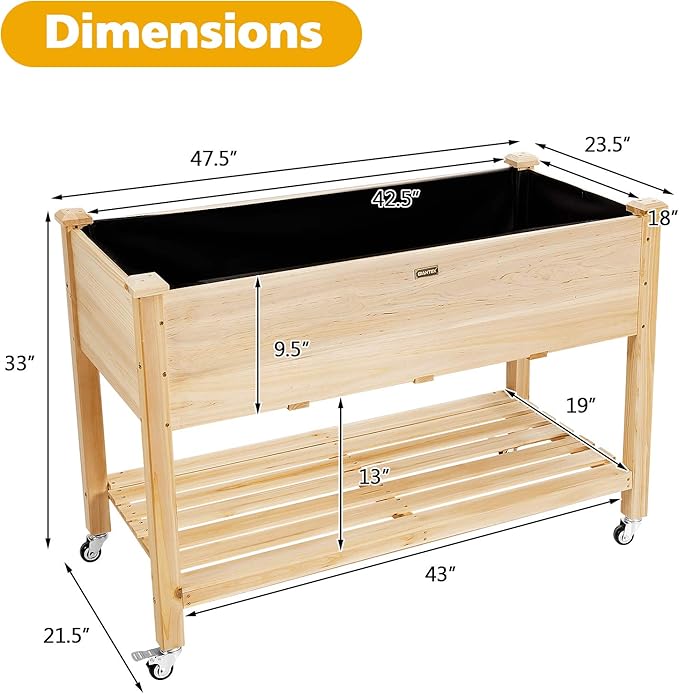 Giantex Raised Garden Bed on Wheels Wood Planter Box with Legs Liner Drain Holes Elevated Garden Bed for Vegetables Standing Garden Container for Backyard Patio 47.5 LX 23.5 WX 33 H
