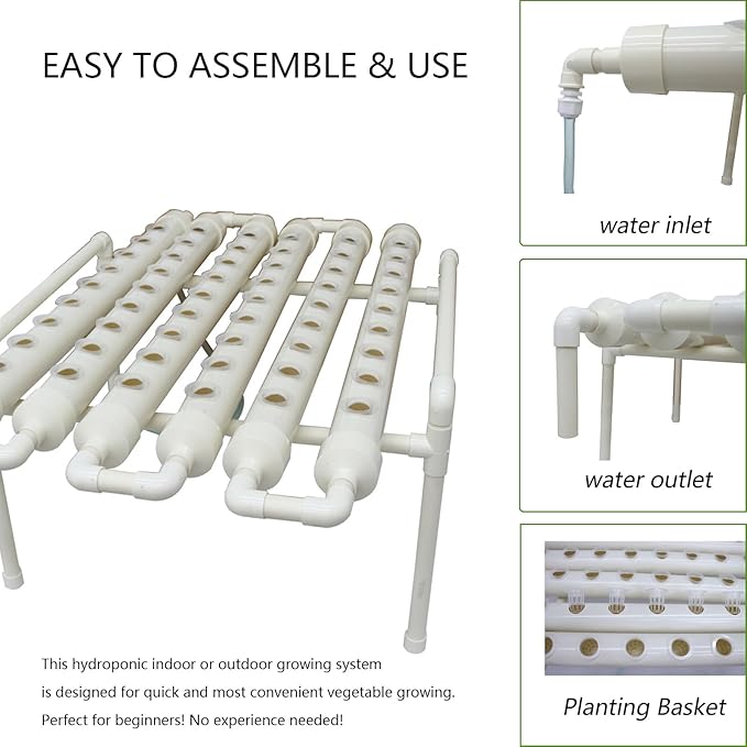 INTBUYING Hydroponics Growing System 54 Holes 6 Pipes 1 Layer Plant Site Grow Kit Hydroponic Gardending System Horizontal with Water Pump Nest Basket and Sponge