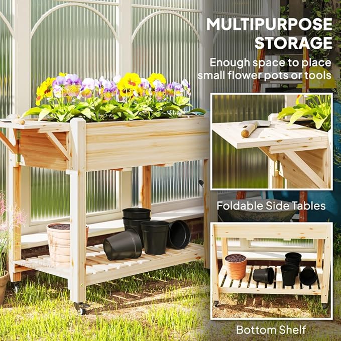 Sturdy Wooden Raised Garden Bed with Lockable Casters Built-in Side Shelves and Drainage System for Easy Urban Gardening (Natural Wood + Wood)