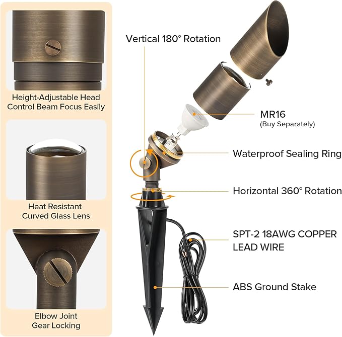 LUTEC Solid Brass Low Voltage Landscape Lighting 12V Heavy Duty Waterproof Landscape Spotlights Adjustable Bronze Uplights Outdoor Fixtures for Garden Yard Pathway Tree Without Bulb 6 Pack