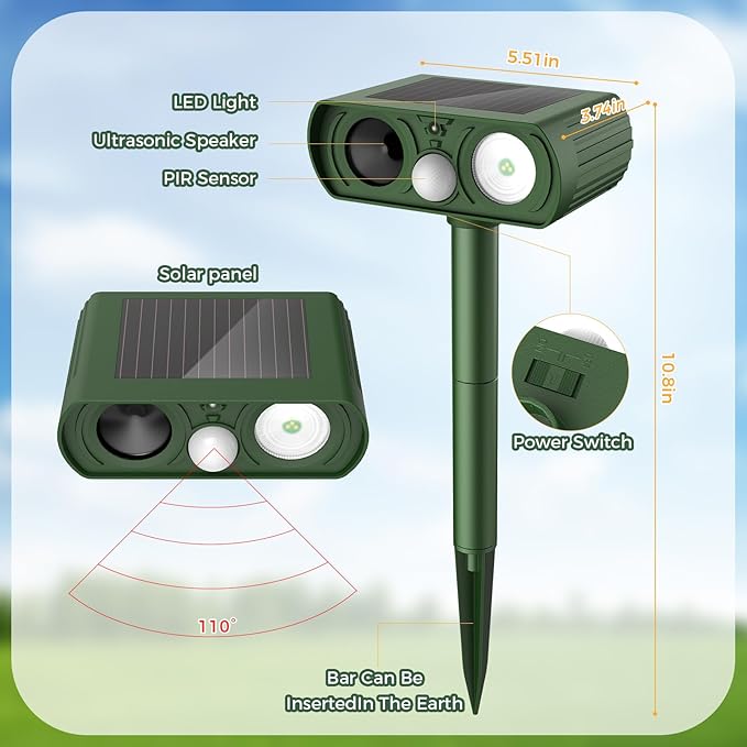 Upgraded Solar Ultrasonic Animal Repellent Outdoor Deer Repellent Devices Squirrel Cat Raccoon Rabbit Dog Deterrent Keep Skunk Away Motion Detection with Flash Light for Yard Garden Lawn 2PACKGreen
