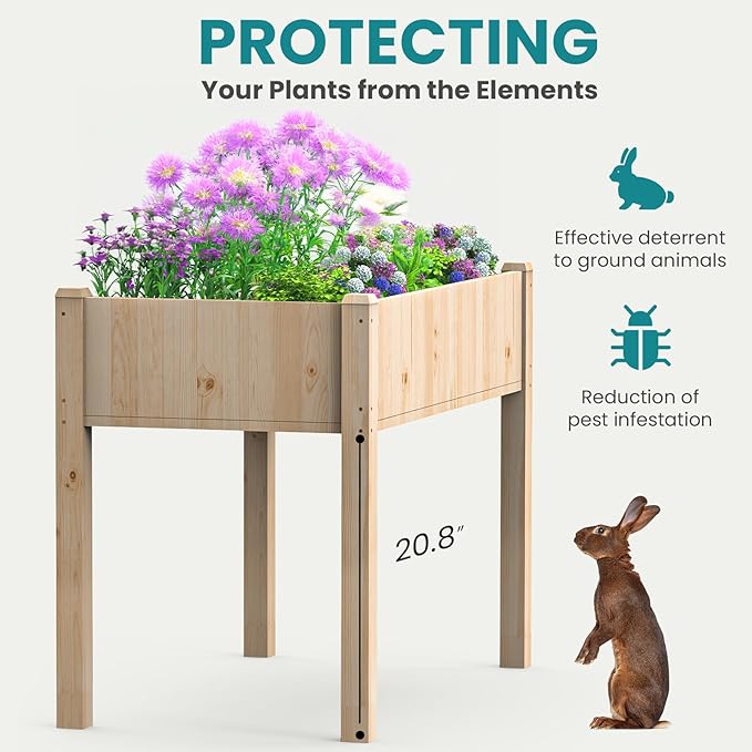 OLIXIS 48x 24x 30in Raised Garden Bed - Natural Wood Elevated Planter Box with Non-Woven Liner 300lb Capacity - Perfect for Backyard Patio Balcony Gardening(Light Yellow)