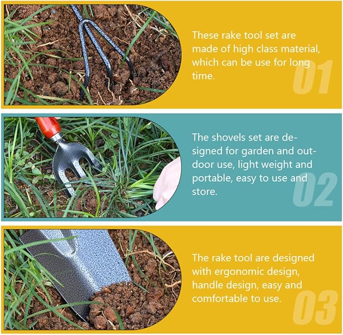 HEMOTON 5pcs Garden Tool Set with Shovel and Rake for Home Planting Sturdy Steel Construction Comfortable Handle Suitable for Flower Beds and Vegetable Gardens