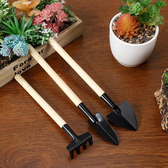 Yardwe 24pcs Mini Gardening Tools Set - Miniature Rake Trowel and Shovel with Smooth Wood Handle for Planting Transplanting and Bonsai Care