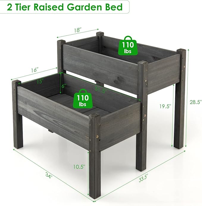 RELAX4LIFE 2-Tier Raised Garden Bed - Fir Wood Garden Elevated Planter Box with Legs 8 Drainage Holes220 Capacity for Growing Vegetable Elevated Garden Bed for Outdoor Yard Patio Balcony (Gray)