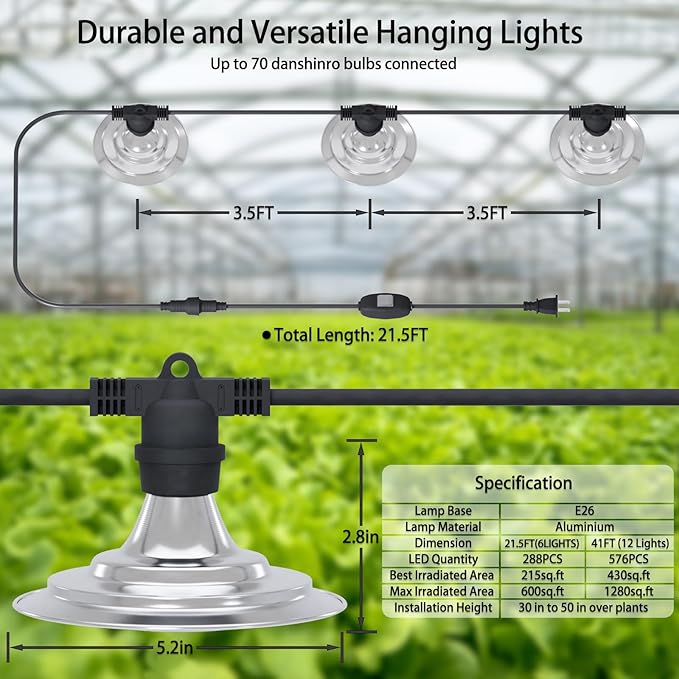 Outdoor LED Grow Light Waterproof String Plant Growing Light 21 FT Full Spectrum Growth Light Suitable for Garden Farm Flower Seedling Greenhouse Grow Light (6 Light)