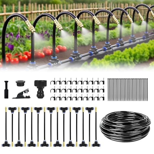 Automatic Drip Irrigation Kit - 50FT with Tool-Free Quick Connectors 15 Copper Atomizing Nozzles &amp 360° Bendable Spray for Garden Greenhouse Lawn Plants