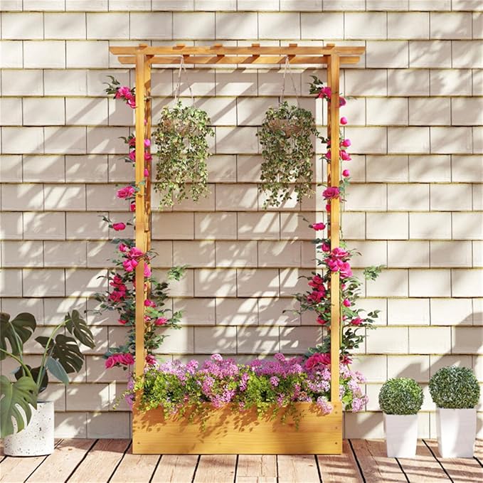 70 Tall Pine Wooden Raised Garden Bed with Trellis &amp Flat Roof Planter Box for Climbing Plants Outdoor Planting Stand Roof Climbing Plant Support Raised Beds Backyard Planter Wooden Garden Pla