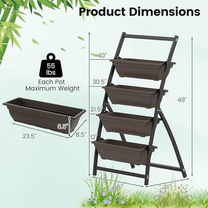 HAPPYGRILL 4-Tier Vertical Raised Garden Bed Elevated Planting Bed w/ 4 Stackable Flowerpots &amp Drainage Holes Indoor Outdoor Freestanding Planter Box w/Legs for Patio Yard (226 x 20.5'' x 49''