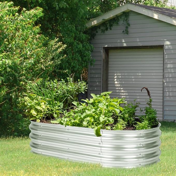 4 x 2 x 1 Ft Galvanized Raised Garden Bed Kit Outdoor Oval Planter Box for Vegetables Flowers Herbs Deep Rooted Silver