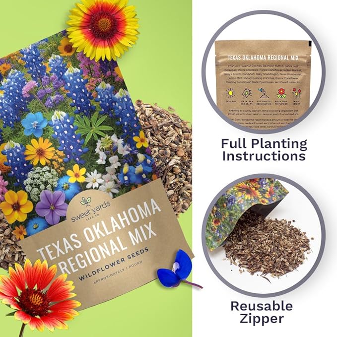 Texas Oklahoma Regional Mix Seeds for Planting - Bulk 1 Pound Bag - Over 240000 Native Seeds - Open Pollinated and Non GMO