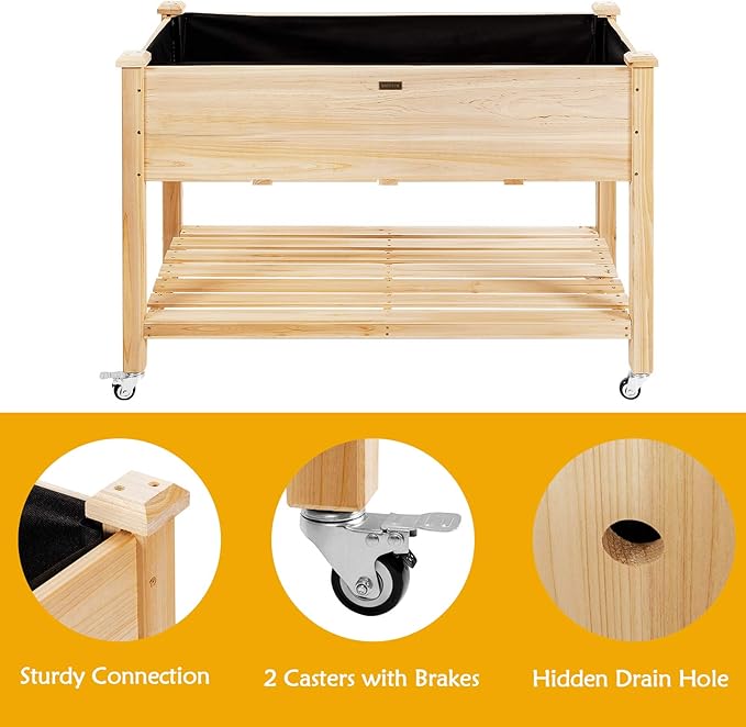 Giantex Raised Garden Bed on Wheels Wood Planter Box with Legs Liner Drain Holes Elevated Garden Bed for Vegetables Standing Garden Container for Backyard Patio 47.5 LX 23.5 WX 33 H