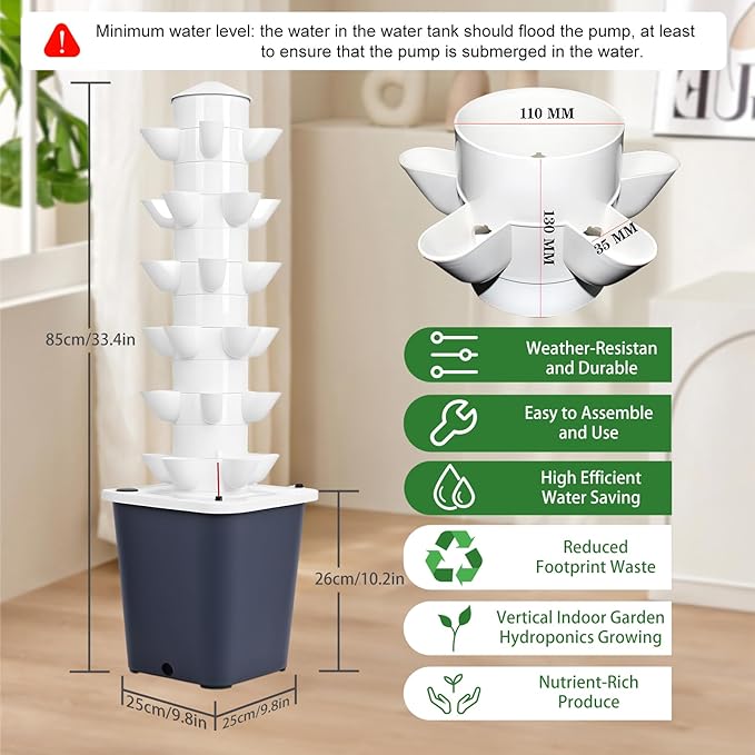 Hydroponic Tower Hydroponics Growing System Kit 6 Layers 30 Pods Vertical Planter Tower with 10L Tank Indoor Outdoor Hydroponic Grow System for Herb/Strawberry/Vegetable/Flower Planting (Black)