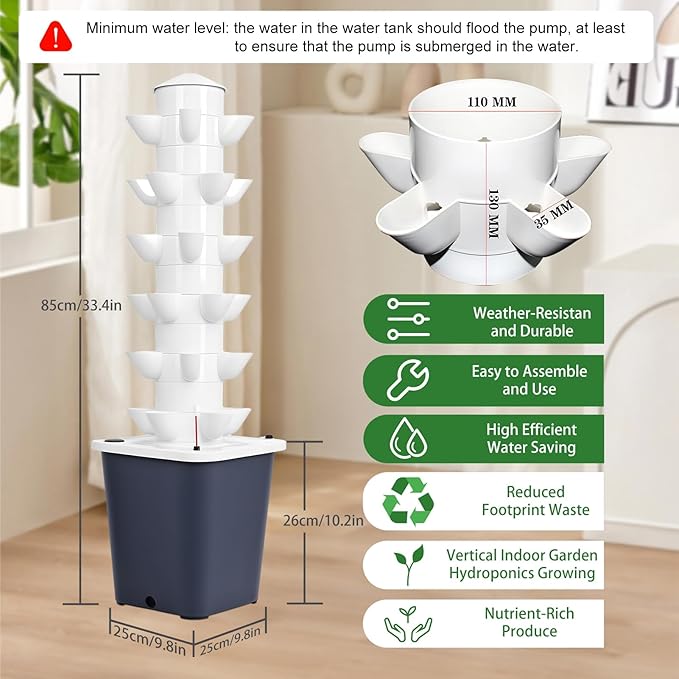 Hydroponic Tower Growing System with 10L Tank 6 Layers 30 Plants Indoor Hydroponics Growing System Soilless Cultivation Herbs Fruits Vegetables Vertical Planter Tower Kit Black