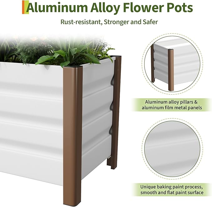 Garvee Aluminum Planter Box 24x16x18 Modern Raised Garden Bed with Rounded Corners &amp Anti-Cut Edging Deep Design with Drainage Holes for Outdoor Patio &amp Balcony White