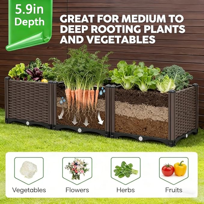 CloudDream 3Piece Brown Raised Garden Box Set Ideal for Growing Vegetables Herbs Flowers &amp Succulents. with Built-in Drain outlets andit Works Well Indoors and Outdoors Suitable (Brown)