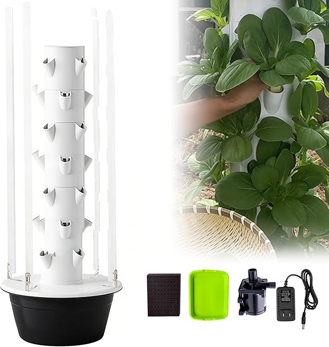 Large hydroponic Tower 7 Tier 28 Cells Smart Timing 30L Water Tank Hydroponics Tower Indoor Growing for HerbsVegetablesFruitsTomatoPepperCucumberLettuce Black-IndoorWithLEDLight