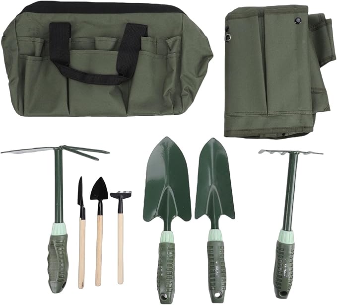 Hilitand Gardening Tool Set 9 Piece Garden Tools with Ergonomic Handles and Apron Storage Bag for Planting Digging Cultivation Flowers Vegetables