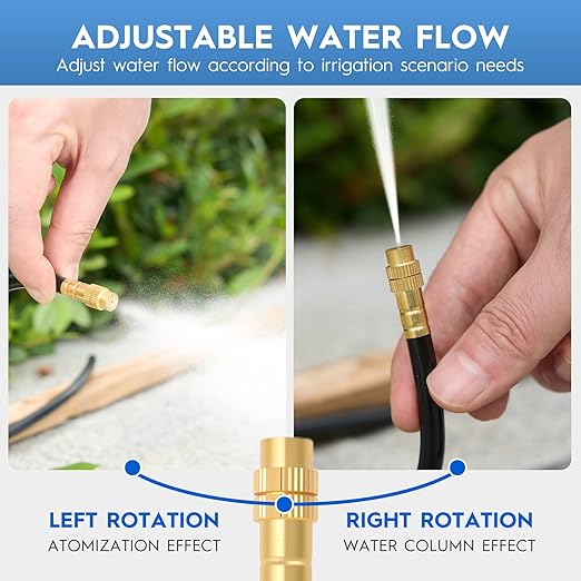 360° Automatic Drip Irrigation Kit - 5/16'' Tubing Adjustable Universal Spray Nozzle Copper Atomizing System for Garden/Lawn/Greenhouse - Multi-Directional Rotation Quick Connectors 65FT