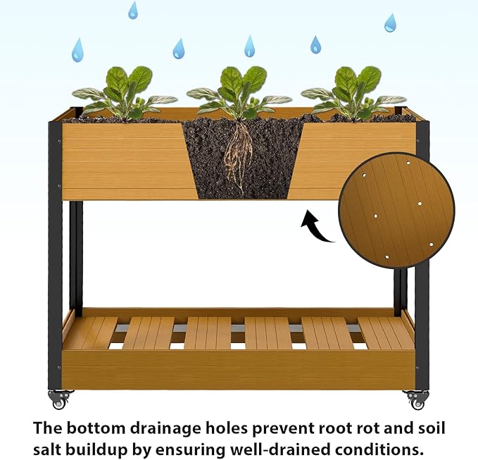 WPC Raised Garden Bed Waterproof Elevated Planter Box with Legs and Wheels for Outdoor Standing Patio Planters for Vegetables Flowers Herbs with Drainage Holes Yellow Teak