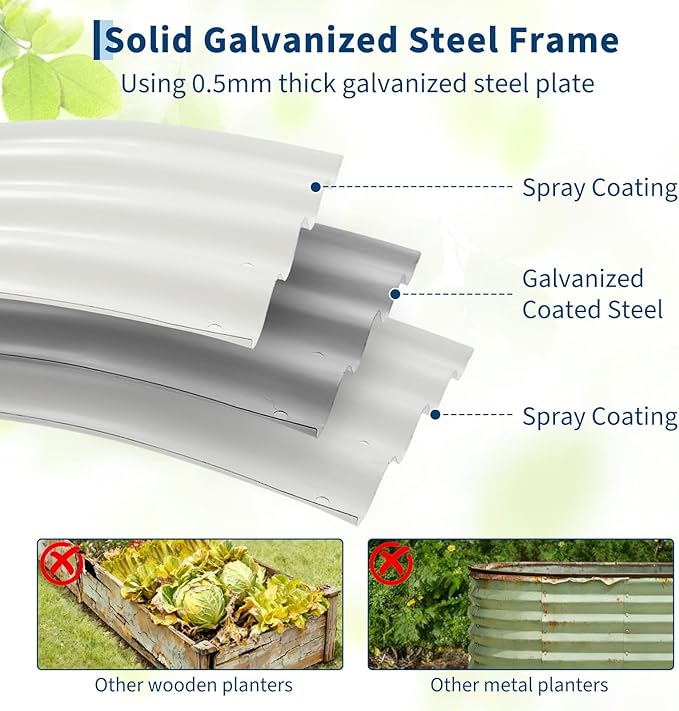 4x2x1 ft Galvanized Raised Garden Bed Open Base Metal Planter Box Oval Flower Bed with Safe Rubber Edge for Outdoor Vegetables Flowers &amp Herbs Easy Assembly White