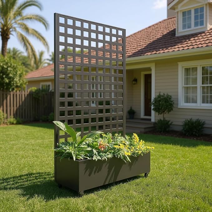 Metal Planter Box with Diamond Trellis 72X47 Galvanized Raised Garden Bed on Locking Wheels Deep Planter with Drainage for Climbing Plants Flowers Patio &amp Balcony Black