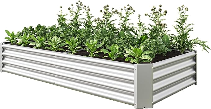 Raised Garden Beds Outdoor for Gardening 6×3×1ft Galvanized Rectangular Plastic Raised Planter Garden Box for Fruit Vegetables Herbs Flowers Growing Bed for Lawn Patio Balcony Silver