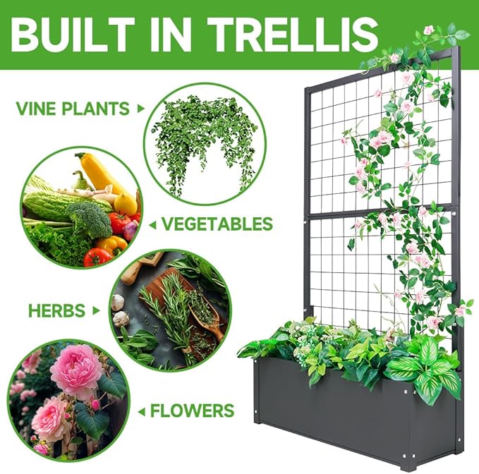 Metal Planter with Trellis Raised Garden Beds Outdoor (35.5 L*12 W*59 H) Inch Planter Box with Trellis&ampPrivacy Screen for Climbing Plants Vegetables Vines