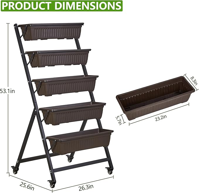 VECELO 5-Tier Vertical Garden Bed Freestanding Elevated Raised Garden Planter with 5 Garden Planter Boxes Lockable Caster Wheels Drainage System for Plants Vegetables Flowers Herbs