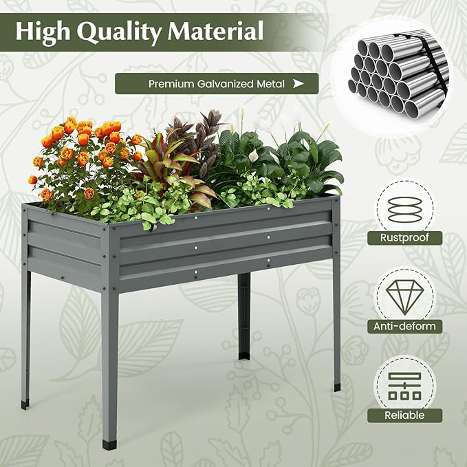 HAPPYGRILL Raised Garden Bed Galvanized Garden Box with Legs Drainage Holes 2 Gloves Outdoor Planter Box for Garden Backyard &amp Patio 46”x 24” x 32” Grey