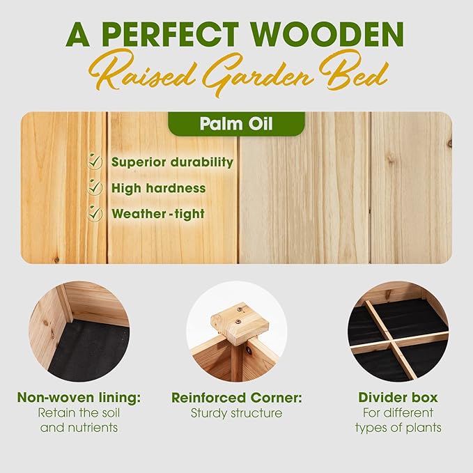 Idzo Raised Garden Bed Durable Garden Box with Wax Oil Coated 96 Inches Wood Planter with Non-Woven Lining Prevents Soil Moist One Divider Box Make Organizing Your Plant Crops Easier