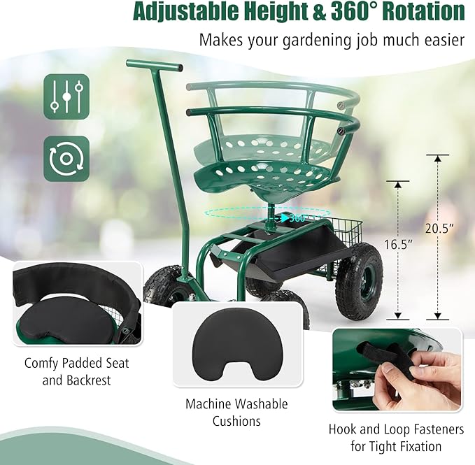 Goplus Rolling Garden Seat with Wheels Outdoor Garden Cart with 360° Swivel Seat &amp Tool Storage 2 Steering Handles Gardening Stool Wagon Scooter Lawn Patio Gardening Workseat for Seniors