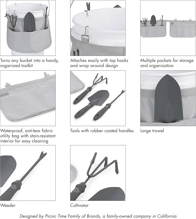 Picnic TIME Garden Bucket Tool Organizer Gardening Tools Organizer Bag with Hooks to Attach to Bucket Gardening Essentials and Gifts for Women and Men Plant Lover Gifts for Gardeners (Fog Gray)